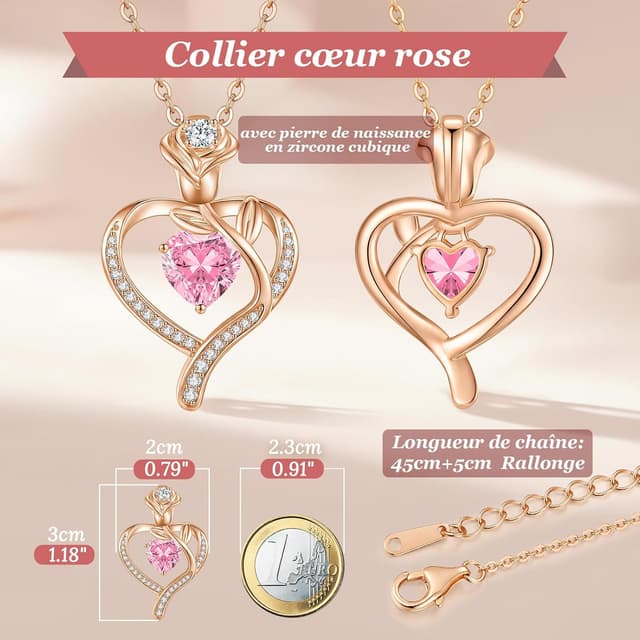 Detalle de CDE Collier femme pendentif cœur et rose argent 925 personnalisable avec pierre de naissance