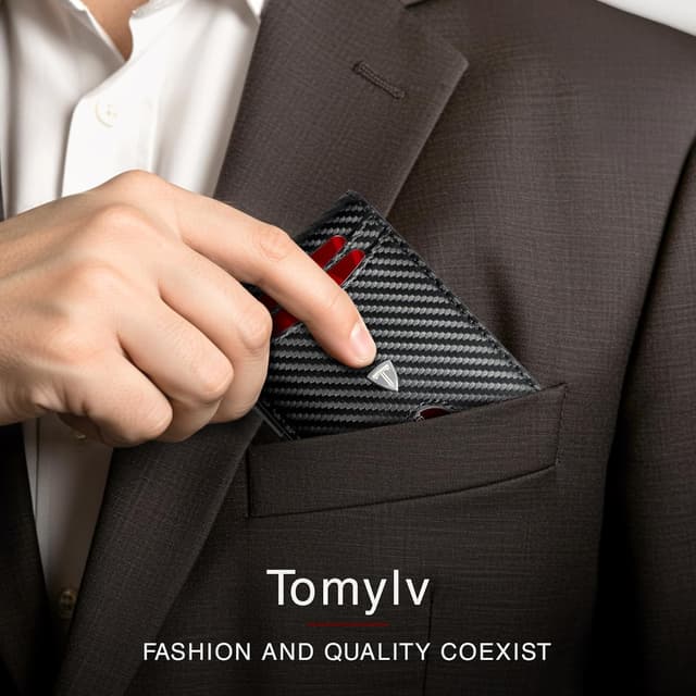 Thumbnail 6 de Tomylv Men’s Slim RFID Blocking Carbon Fibre Wallet with 12 Card Slots, Money Clip & ID Window (Black)