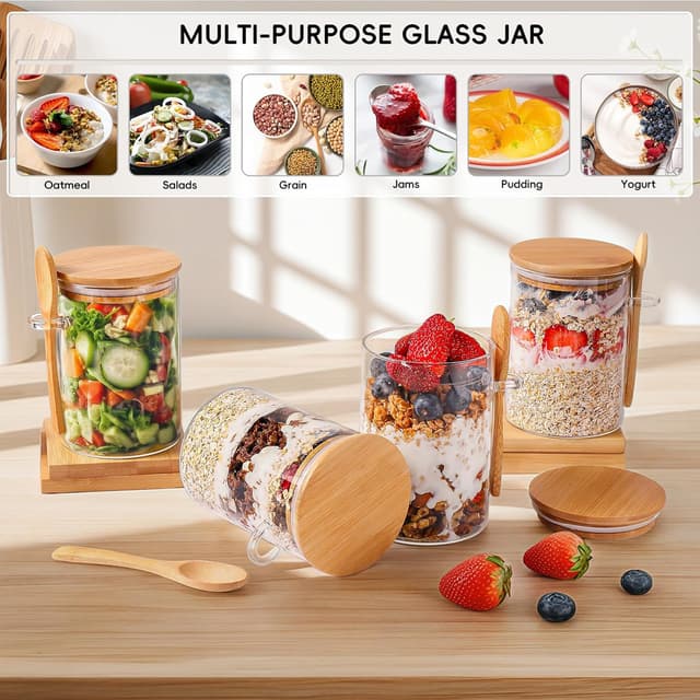 Detalle 2 de MHDCLY Overnight Oats Containers with Lids (16oz) — 4-Pack Glass Meal Prep Jars