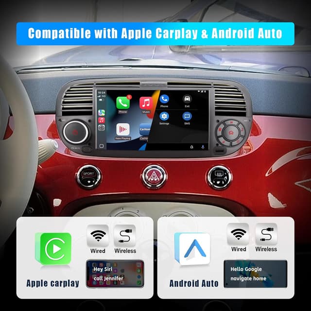 Detalle de Autoradio doppio DIN per Fiat 500 con touchscreen, USB, Bluetooth, FM/AM e Linux (CarPlay/Android Auto wireless)