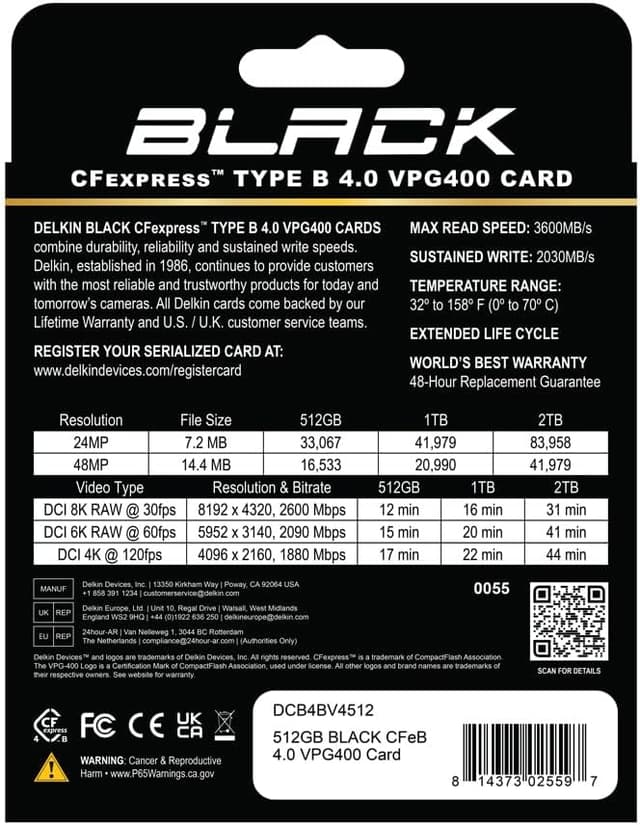 Detalle de Delkin Devices Black 512GB CFexpress Type B 4.0 VPG400 Memory Card (High-speed for 8K RAW)
