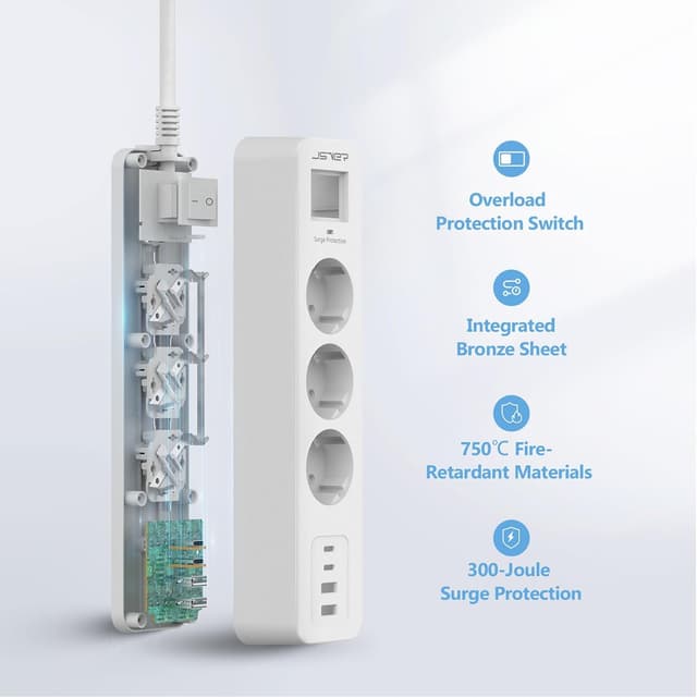 Detalle 2 de JSVER Multiprise USB C 7 en 1 avec parafoudre et surtension, rallonge 4 m et 4 ports USB