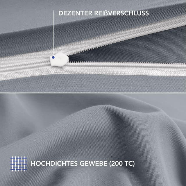 Detalle de Dreamzie Mako-Satin Bettwäsche-Set 155x220 cm (grau) mit 1 Kissenbezug 80x80 cm, Oeko-Tex zertifiziert