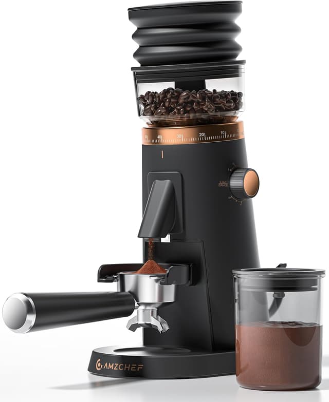 Detalle de AMZCHEF Electric Burr Coffee Grinder with 75 grind settings and near-zero retention