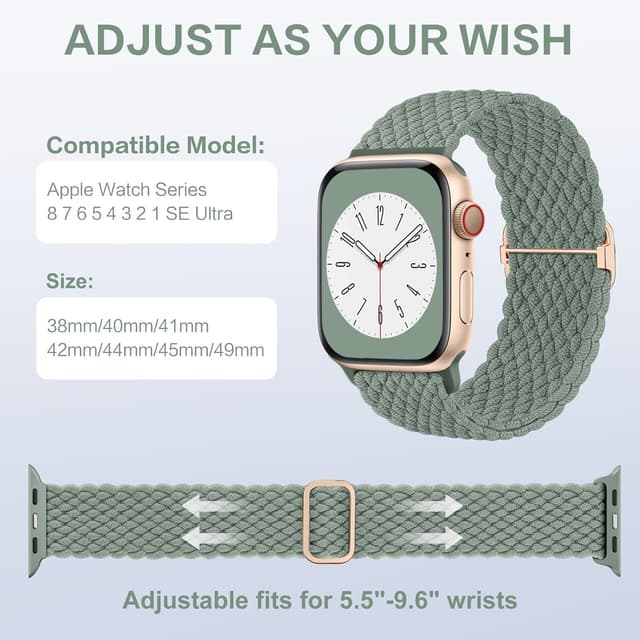 Detalle de CeMiKa braided stretch elastic Apple Watch strap (Green) compatible with 42mm/41mm/40mm/38mm