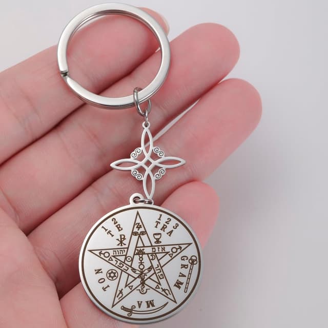 Detalle 2 de Dreamtimes Hexen-Knoten & Tetragrammaton-Pentagramm Schlüsselanhänger aus Edelstahl – mystisches Symbol für Taschen und Autoschlüssel