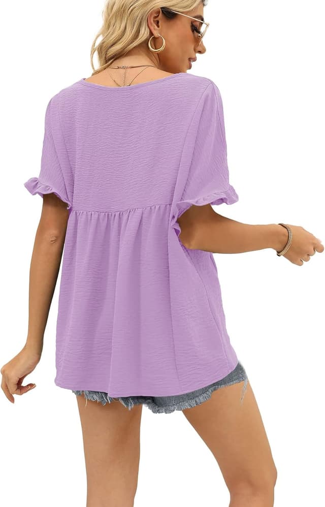 Detalle de WIHOLL Women’s Casual V-Neck Ruffle Sleeve Babydoll Peplum Top (100% Polyester)