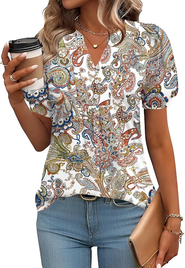 Detalle de Rapbin Damen-Bluse/Tunika mit V-Ausschnitt und Knopfleiste – Kurzarm T‑Shirt-Optik für Sommer, elegant & casual