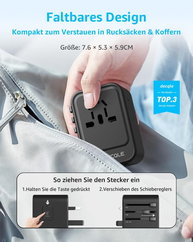 Detalle de decqle Reiseadapter Weltweit – Universal-Reisestecker mit 2× USB‑C (GaN 45 W), USB‑A und AC‑Steckdose (EU/UK/US/AU, schwarz)