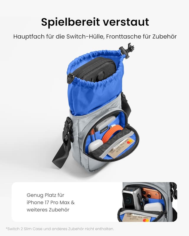Detalle 2 de tomtoc JoyCarry Sling Umhängetasche für Nintendo Switch 2 Slim Case – leicht mit Zubehörfach