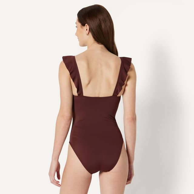 Detalle de Amazon Essentials Damen-Badeanzug mit Rüschen und V-Ausschnitt – einteiliger Slim-Fit Badeanzug