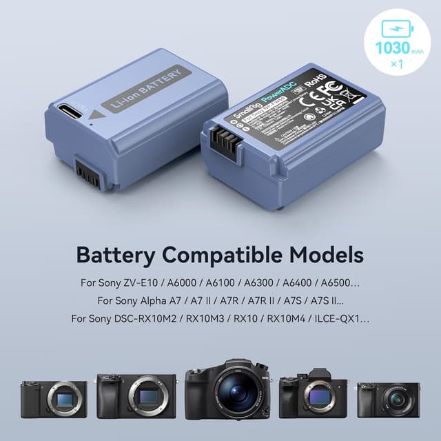 Detalle 2 de SMALLRIG batteria NP-FW50 con ricarica rapida USB-C 1030 mAh per Sony ZV-E10 e serie A7/A6400/A6500 (4330)