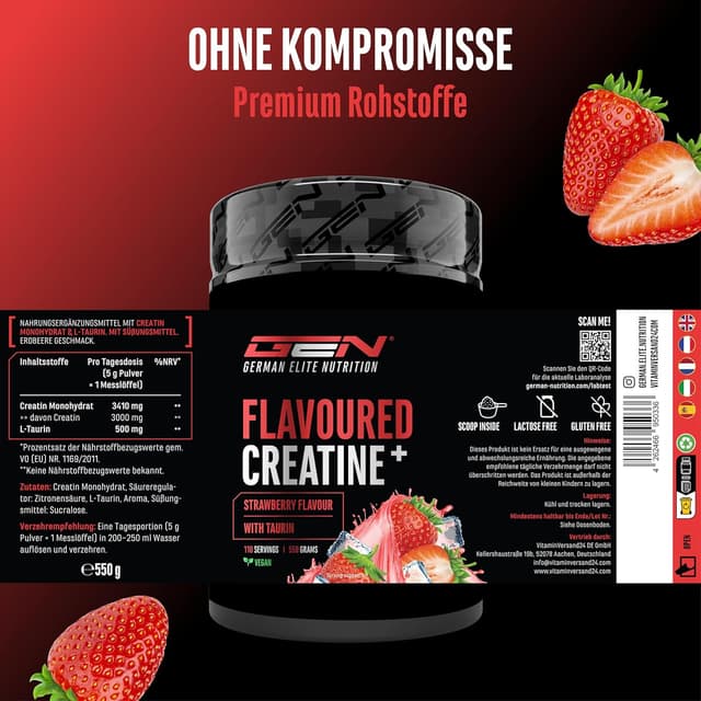 Detalle de German Elite Nutrition Flavoured Creatine Pulver (Strawberry) – Creatin-Monohydrat mit L-Taurin, 550 g