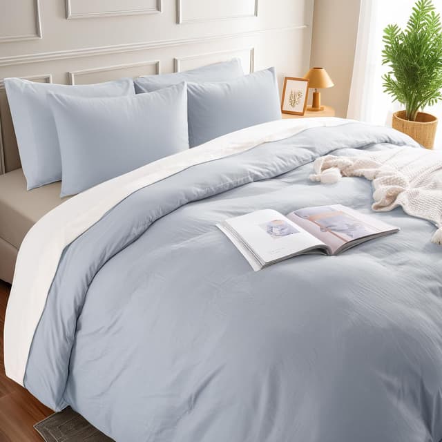 Detalle de NEXHOME PRO Queen Washed Cotton Duvet Cover Set (Cornflower Blue) — Organic & Linen-Like Texture, 3-Piece