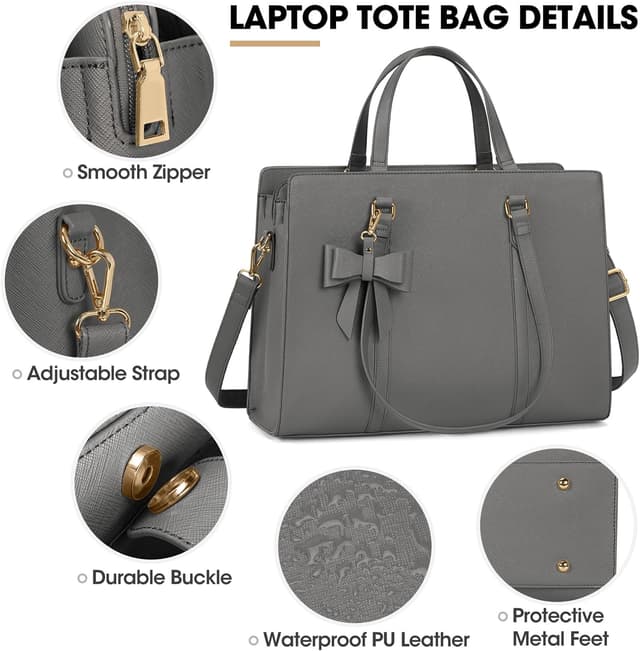 Detalle de NEWHEY Handtasche/Shopper Damen für Laptop bis 15,6 Zoll (PU-Leder, grau) – Umhängetasche für Arbeit & Schule