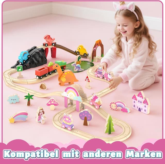 Detalle 2 de Lehoo Castle Holzeisenbahn für Mädchen – Einhorn-Feen-Holzeisenbahn, 38-teiliges Set ab 3 Jahren (rosa)