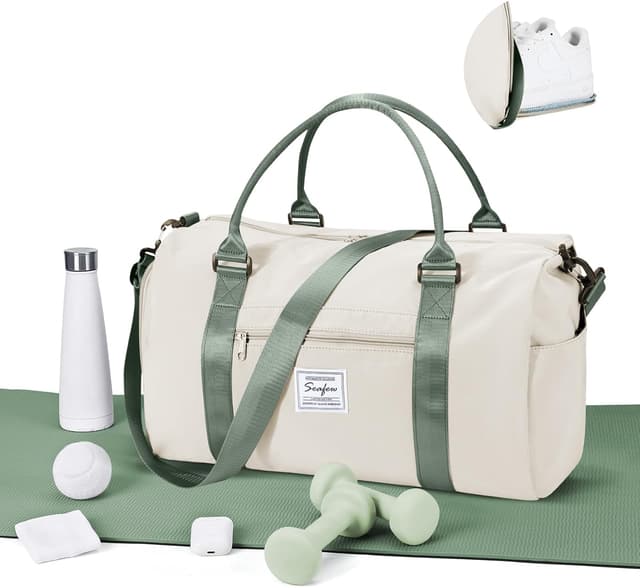 Detalle de WEPLAN Sport-Duffel-Tasche mit Schuhfach & Nassfach (Handgepäck/Weekender) – Beige mit Grün