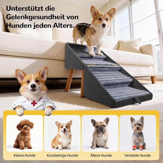 Detalle de Ziluce Hundetreppe für kleine Hunde (2-in-1-Trittleiter & Ottomane, schwarz) – zusammenklappbar