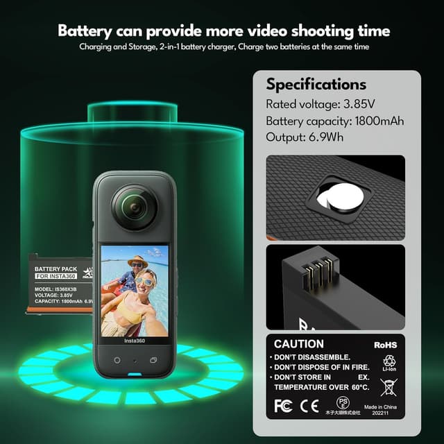 Detalle de melasta Wiederaufladbarer Lithium-Akku für Insta360 X3 (2er Set) inkl. 2-Kanal USB‑C Ladegerät