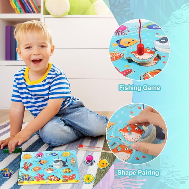 Detalle 2 de Vicloon Giochi magnetici di pesca in legno con 14 pesci e 2 canne (Oceano) per bambini 3+
