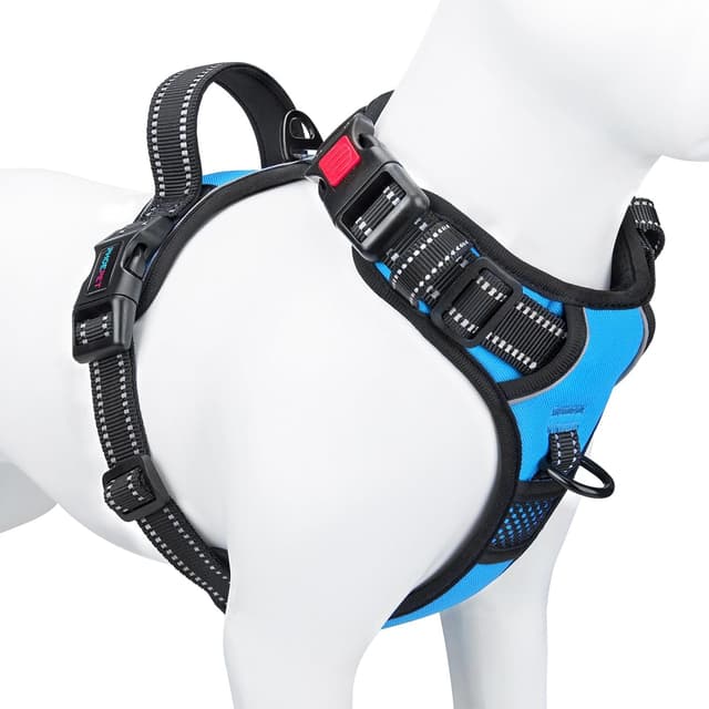 Detalle de PHOEPET No Pull Dog Harness with Neck Buckle, Reflective Strips and Grab Handle (Blue, M)