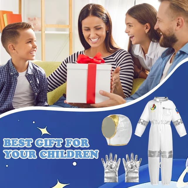 Detalle 2 de Aomig Astronaut Kostüm Kinder (3-teilig) in Weiß/Silber – Astronautenoverall mit Helm & Handschuhen, unisex für S–XL