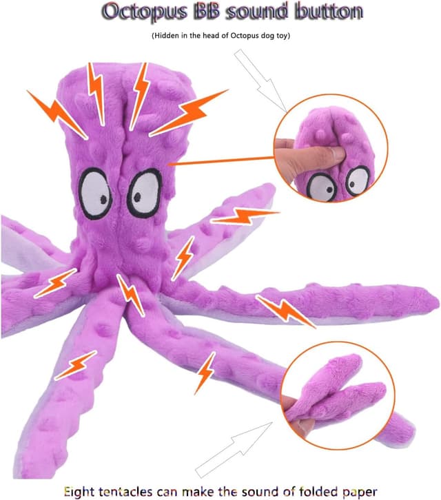 Detalle de RAYITO Octopus Dog Toys no-stuffing squeaky plush with crinkle paper (Purple)