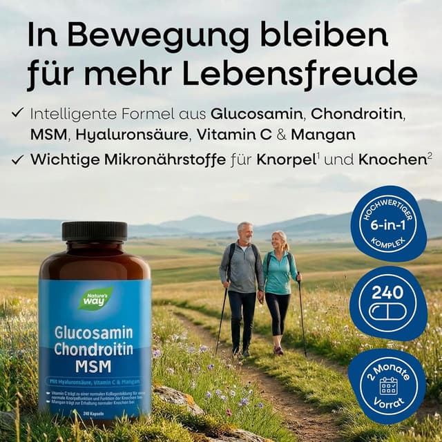 Detalle 2 de Glucosamin Chondroitin hochdosiert MSM Kapseln (240 Stück) mit Vitamin C, Hyaluronsäure & Mangan – 6in1 Komplex