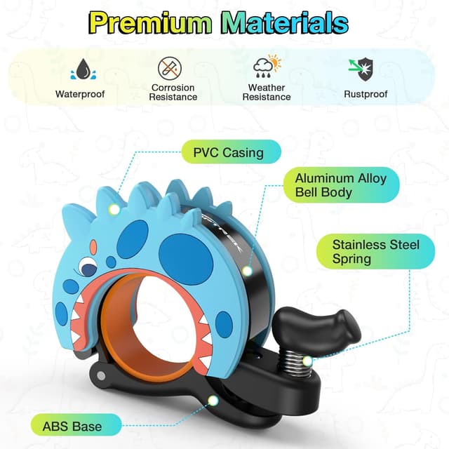 Detalle 2 de toptrek Kids Bike Bell (95dB) – Loud, Waterproof Dinosaur Bell for 22.2–25.4mm Handlebars