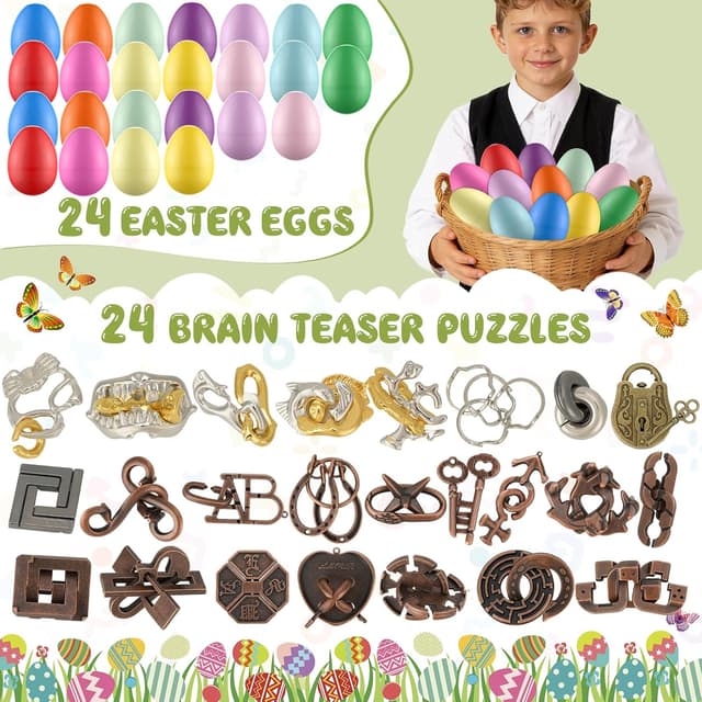 Detalle de 24-Pack Easter Eggs Filled With Brain Teaser Puzzles (Plastic Eggs + 3D Metal Block Puzzles)