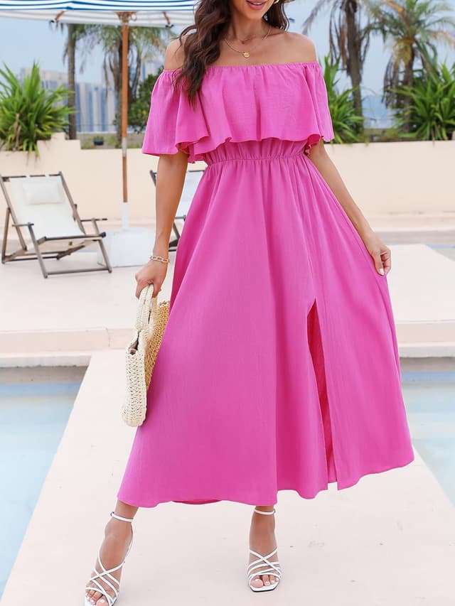 Detalle de CUPSHE Abito maxi da donna a trapezio con spalle scoperte e volant tropicale