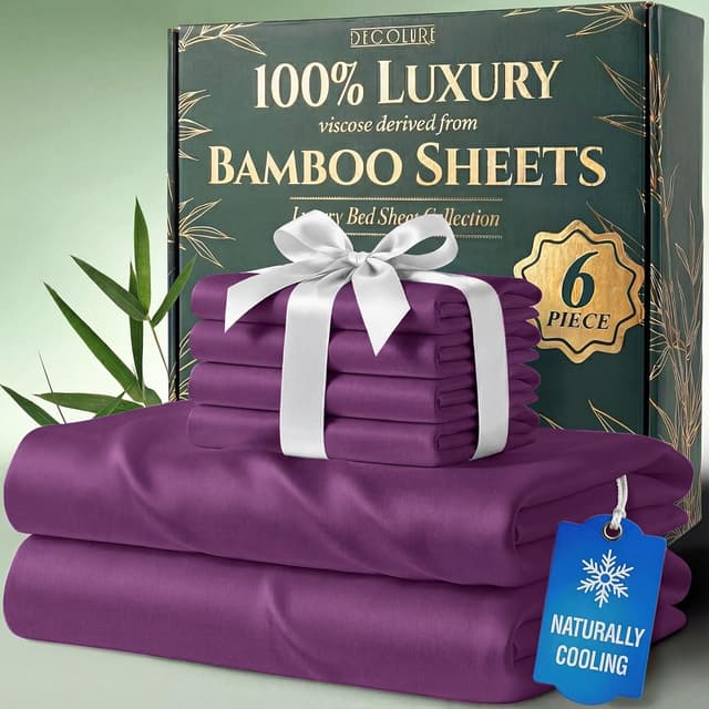 Detalle de DECOLURE 100% Viscose Derived from Bamboo Queen Sheets Set (Purple) – 6-Piece, Deep 17" Pockets