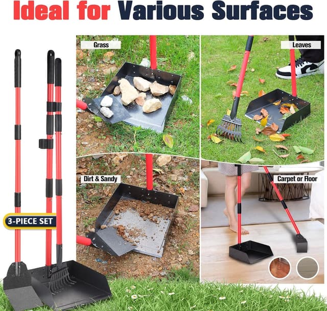 Detalle 2 de Dog Pooper Scooper Tray, Rake & Shovel Kit with Adjustable Metal Long Handle (plus 10 Waste Bags)