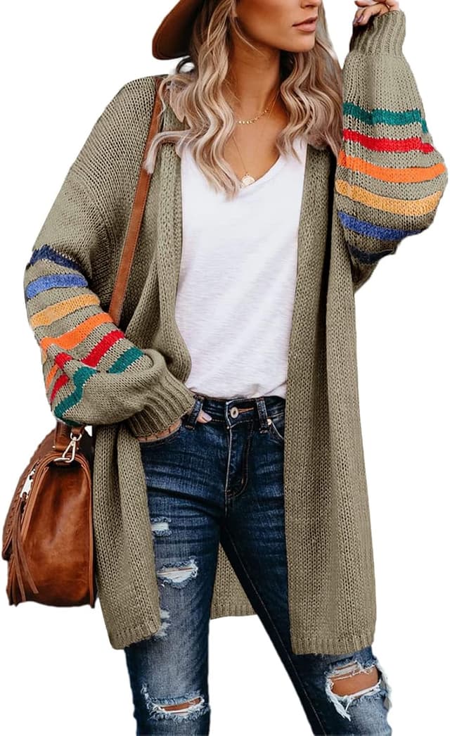 Detalle de AlvaQ women’s longline open-front rainbow striped cardigan (S–XXL)