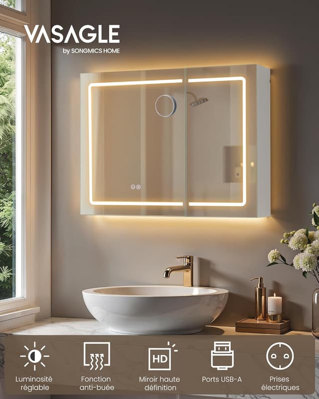 Detalle de Armoire murale de salle de bain VASAGLE Kailyn avec miroir, LED, multiprise et fonction anti-buée
