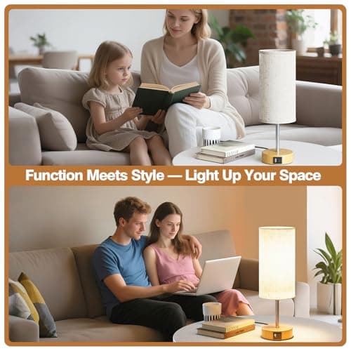 Thumbnail 6 de UPXNBOR Lámpara de Mesita de Noche Control Táctil con Puertos de Carga USB-A y USB-C, Regulable en 3 Niveles, Pantalla de Lino, Lámpara de Mesa Pequeña, con Cable de 1,5 m (Bombilla E27 Incluida)