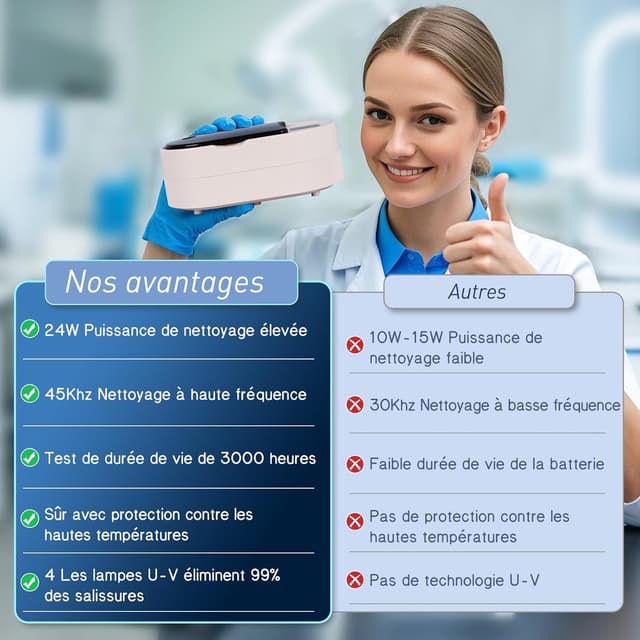 Thumbnail 6 de Nettoyeur ultrasons 45 kHz avec bac 200 ml, 5 modes et lampes U-V 24 W pour prothèses et protections buccales