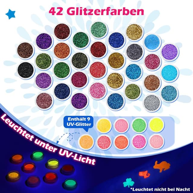 Detalle de Bledras Glitzer Tattoo Set für Kinder – 42 Farben, 210 Schablonen & Strass zum Aufkleben