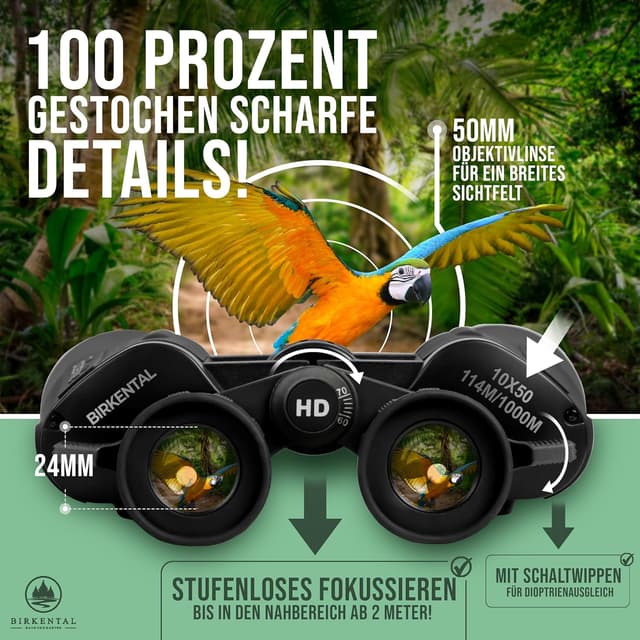 Detalle 2 de Birkental Fernglas 10x50 mit Dioptrienverstellung – HD Feldstecher für Brillenträger, BAK4-Prisma & FMC-Objektiv (schwarz)