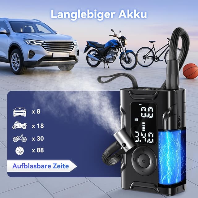 Detalle de Kabellose elektrische Luftpumpe (Akku-Kompressor) für Fahrrad, Auto und Motorrad – 150 PSI, digital mit Sensor