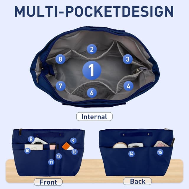 Detalle 2 de HYEPNED Bag Organiser Insert for Longchamp Le Pliage Large (blue, L) with Zipper & 15 Pockets