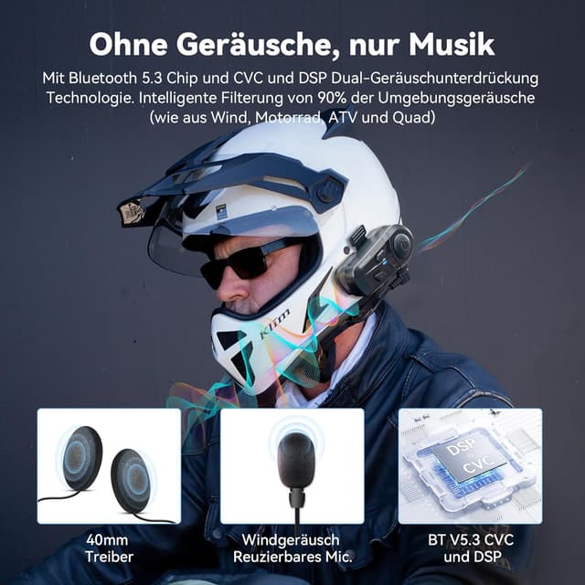 Detalle de WeClear L1 Motorradhelm Headset (Bluetooth 5.3) ohne Intercom, 40-mm HiFi-Lautsprecher, IP67