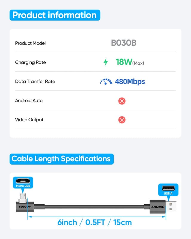 Detalle de SUNGUY câble Micro USB coudé 90° (2 pièces, 0,15 m, 3 A) pour charge et transferts USB 2.0