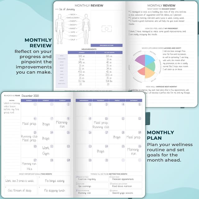 Detalle 2 de Clever Fox Fitness & Food Journal (Nutrition & Workout Planner) – Undated A5 Hardcover, Dark Teal