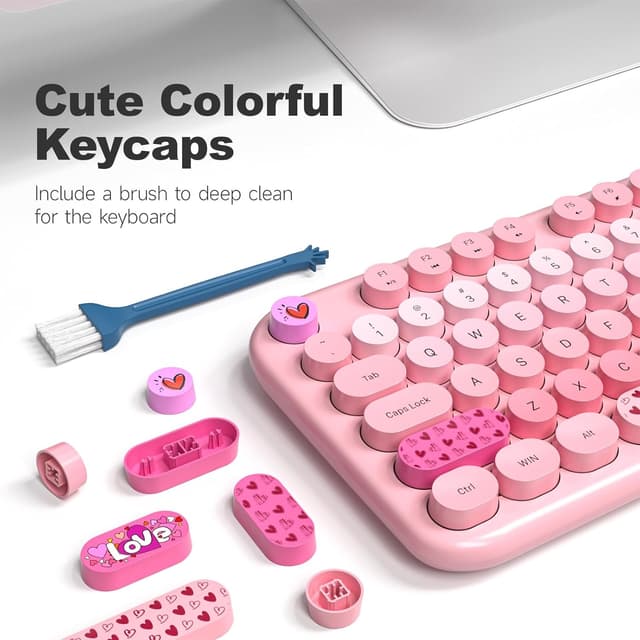 Detalle de MOWUX Wireless Keyboard and Mouse Combo (Full-Size Typewriter Retro Round Keys) + Cute Optical Mouse, Plug and Play — Pink Heart