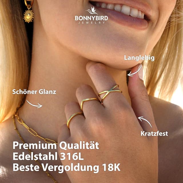 Detalle de BONNYBIRD Wasserfeste Edelstahl-Ringe Set für Damen (3er-Set) in Silber, Gold & Roségold – kein Anlaufen