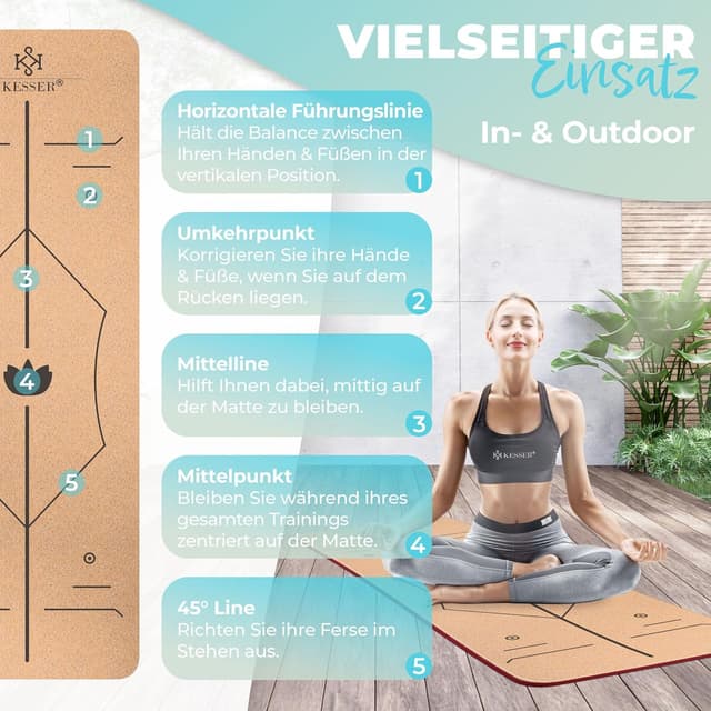 Detalle 2 de KESSER® Yogamatte Kork inkl. Tragegurt, Tasche & Block – rutschfeste Trainingsmatte (183 x 62 cm)