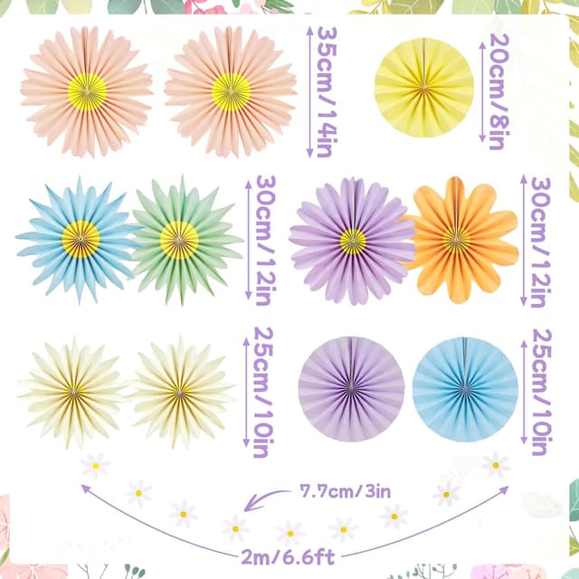 Detalle 2 de SUNBEAUTY 14 Papier-Fächer Deko-Set mit Blumen-Girlande in zarten Pastelltönen