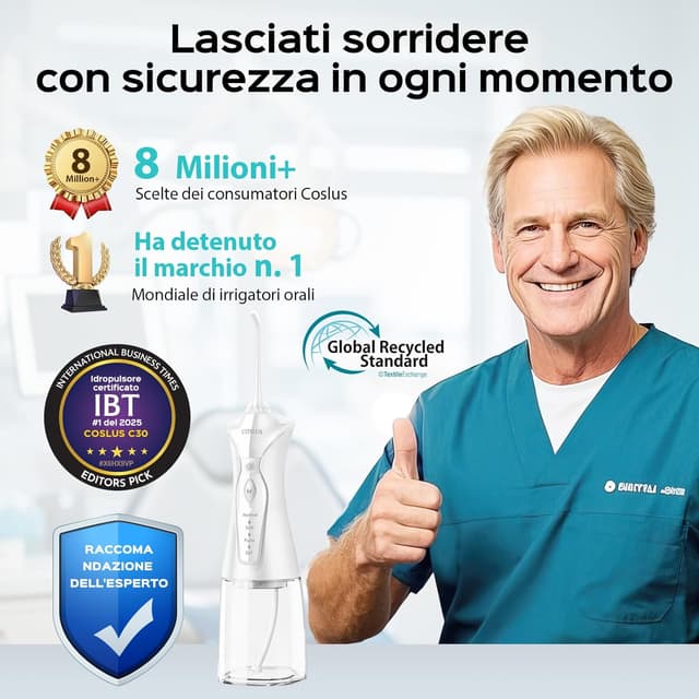 Thumbnail 6 de COSLUS C30 idropulsore dentale portatile senza fili da 300 ml, 4 modalità e 11 intensità (IPX7) – bianco