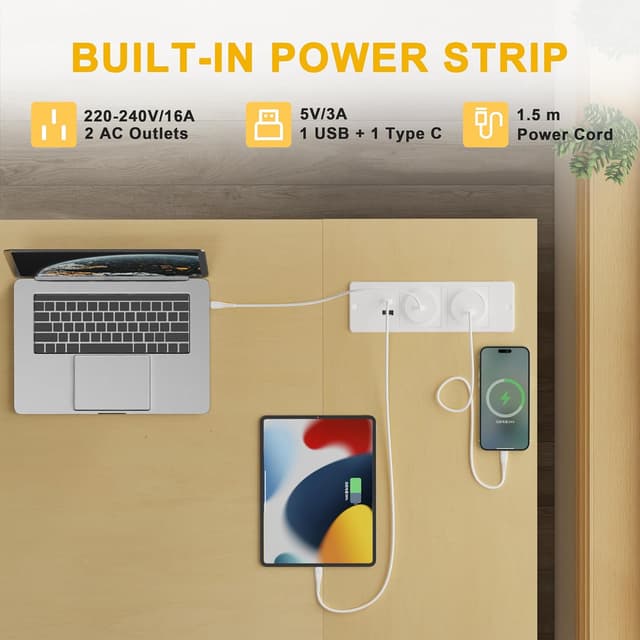 Detalle de BEXEVUE Small L-Shaped Desk with Power Outlets, 100x70 cm corner workstation with reversible storage shelves (beige)